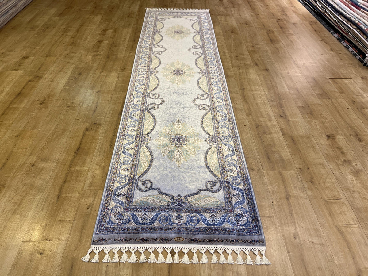Gray Gold Medallion Silk Runner Rug, 3x10 ft, Classic Luxury Hallway Rug