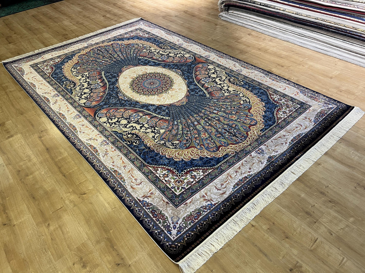 7x10 ft Navy Silk Rug with Peacock Medallion, Classic Luxury Design