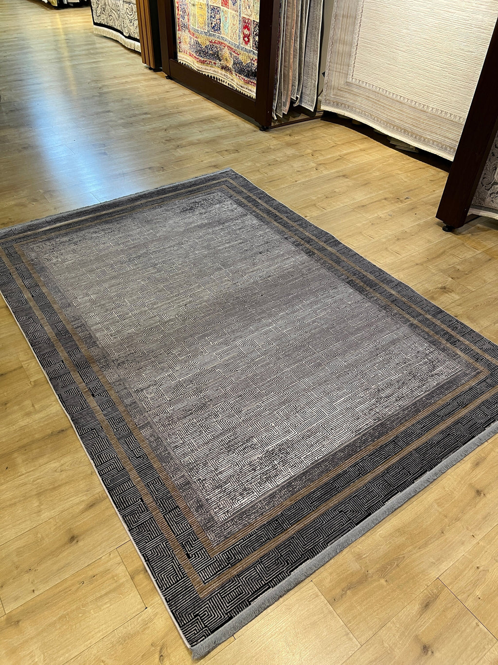 Geometric Pattern Bamboo Rug, Dark Gray, Turkish Carpet