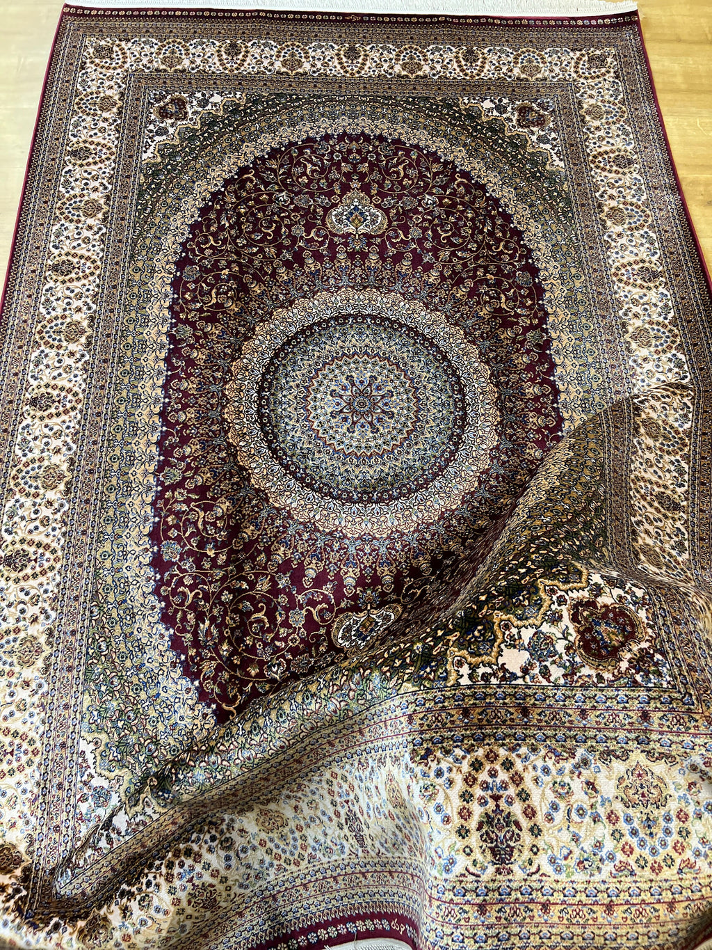 Red Beige Silk Rug, Turkish Carpet, Medallion Design 5x8 ft