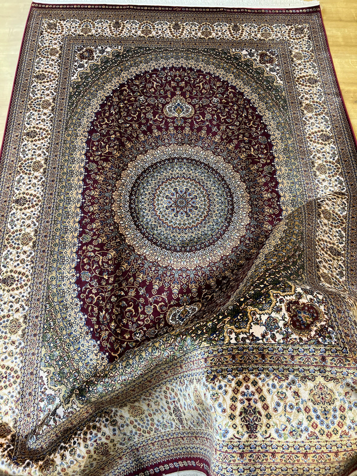 Red Beige Silk Rug, Turkish Carpet, Medallion Design 5x8 ft