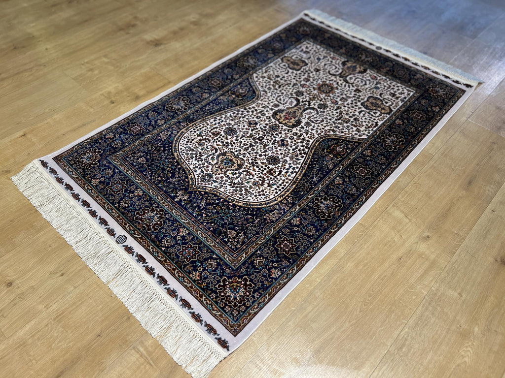 2.62x4.10 ft Ivory Silk Prayer Rug with Navy Border, Floral Design