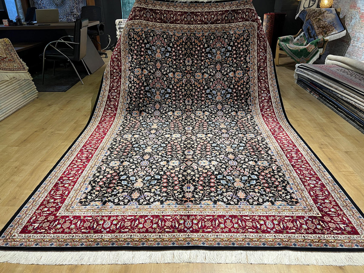 7x10 Ft Black Traditional Silk Rug With Red Border, Floral Classic Design