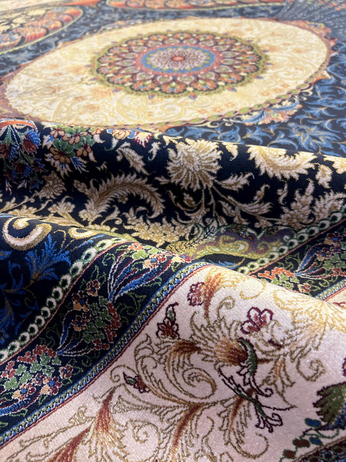 7x10 ft Navy Silk Rug with Peacock Medallion, Classic Luxury Design