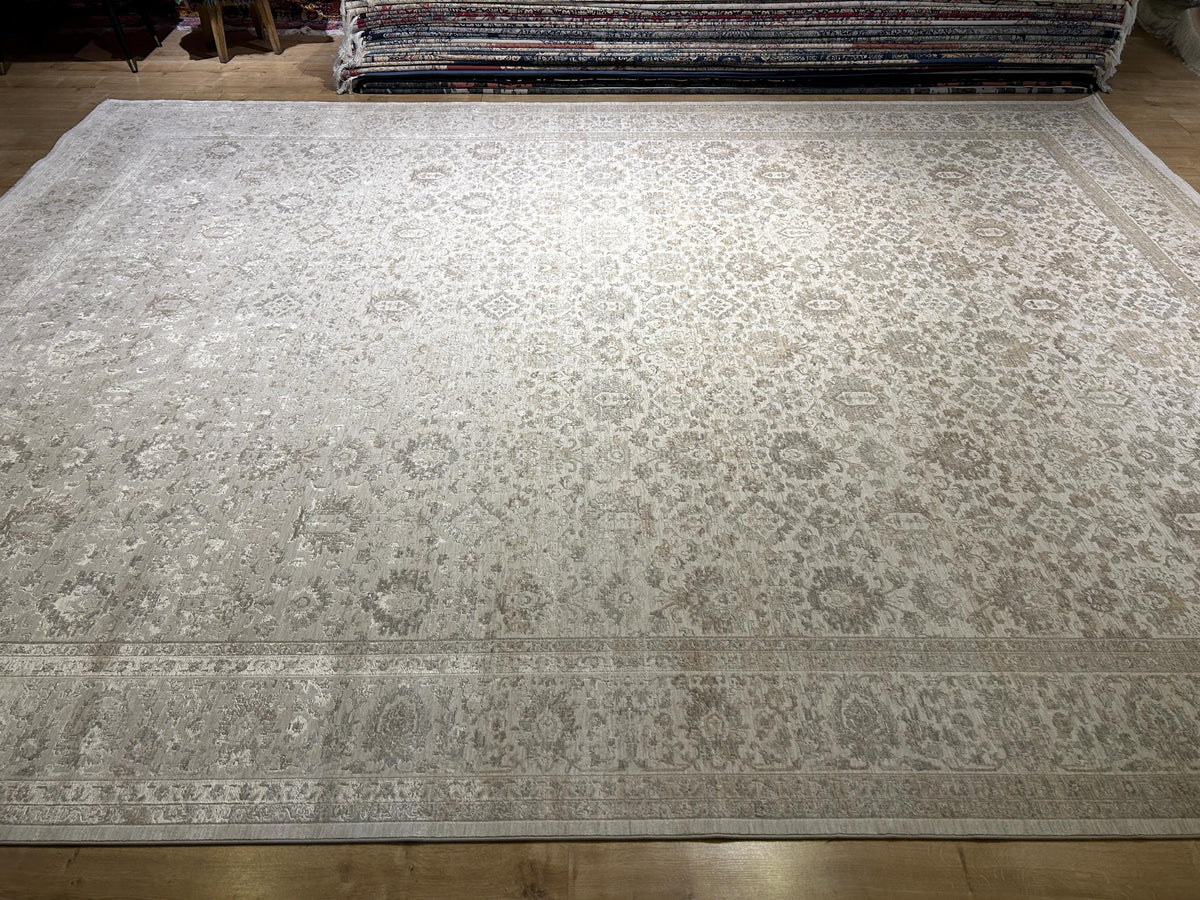 10x13 ft Gray Beige Floral Bamboo Rug with Ethnic Modern Patterns, Big Size Rug