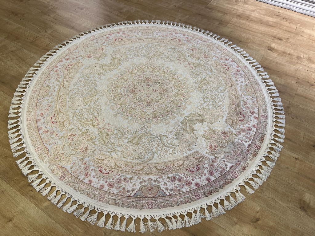 5x5 Ft Cream Gold Round Silk Rug, Medallion Design, Classic Turkish Style