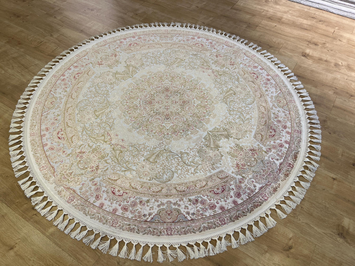 5x5 Ft Cream Gold Round Silk Rug, Medallion Design, Classic Turkish Style