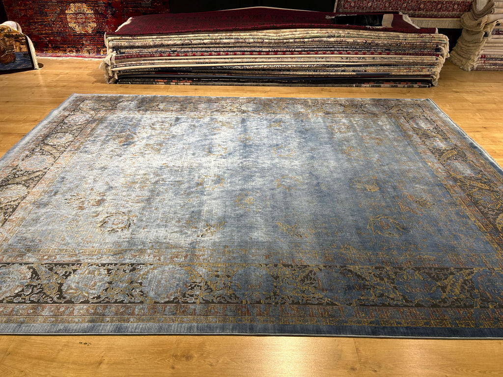 8x10 ft Blue Bamboo Rug, Distressed Pattern, Bordered Modern Rug