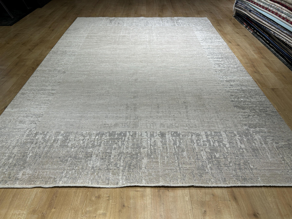 Beige Gray Bamboo Rug with Bordered Modern Patterns