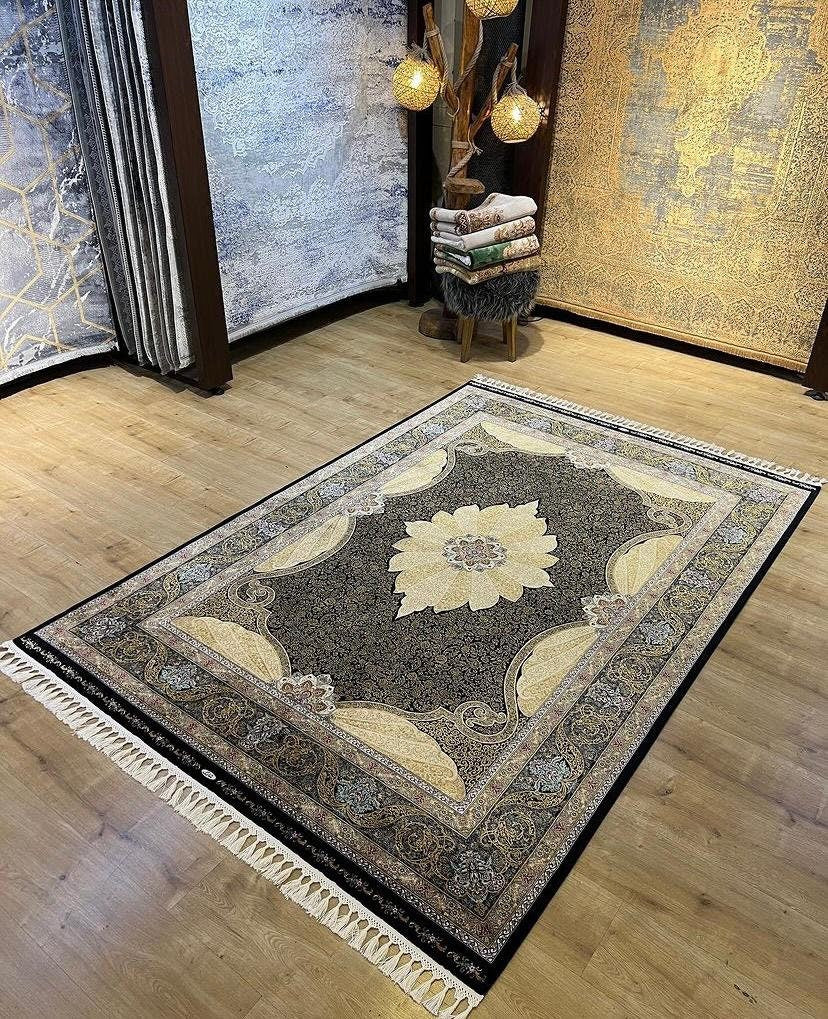 Black Gold Modal Silk Rug, Classic Turkish Style, Medallion Pattern