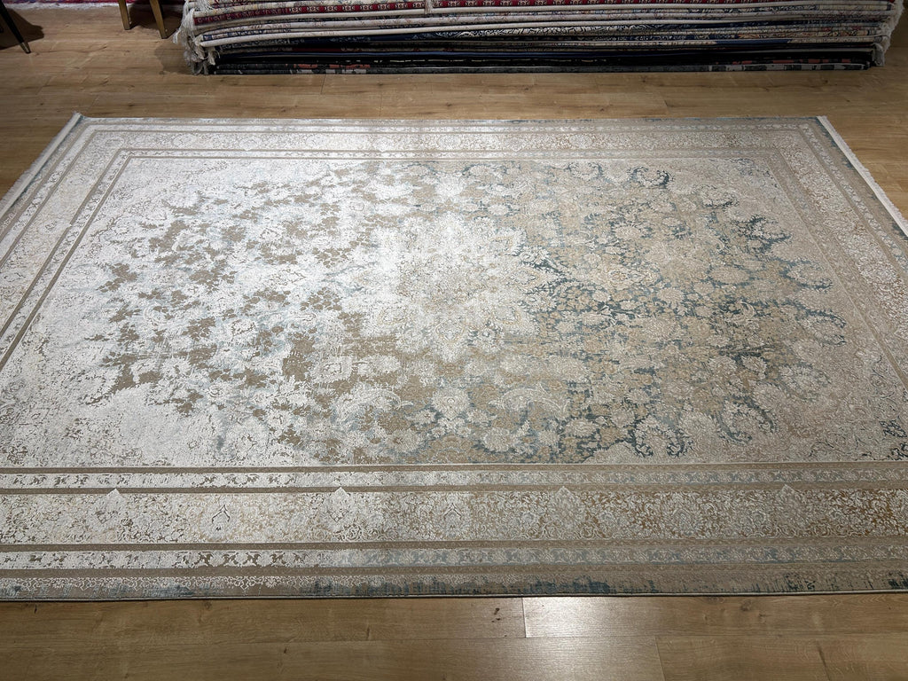 Beige Blue Silk Rug, Distressed Pattern Medallion Design, Classic Silk Carpet