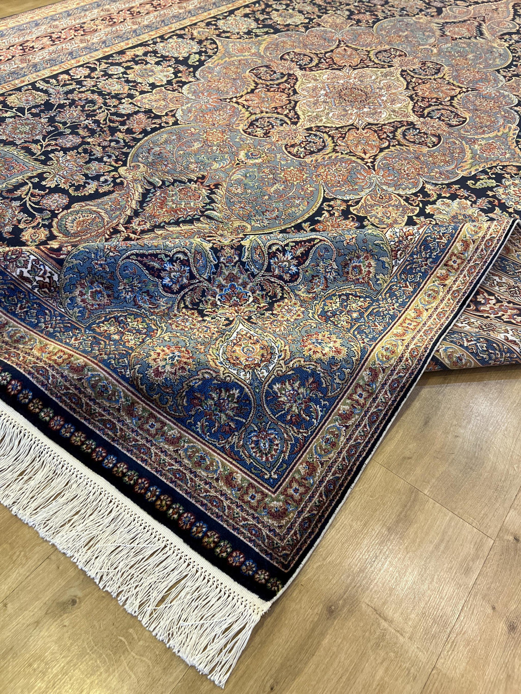 7x10 ft Dark Blue Silk Rug, Classic Medallion Design Silk Carpet, Luxury Home Decor