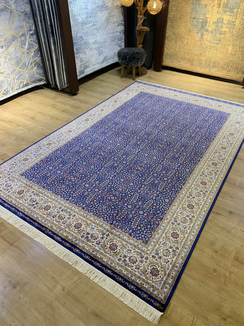 Blue Floral Silk Rug, Traditional Turkish Carpet, Luxury Home Decor