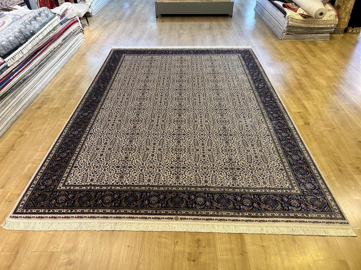 Ivory Blue Floral Silk Rug, Traditional Turkish Carpet, Luxury Home Decor