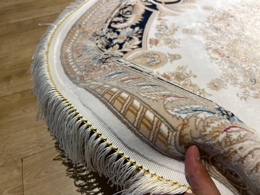 5x5 ft Round Tukish Silk Rug, Floral Gold Medallion, White Blue Carpet