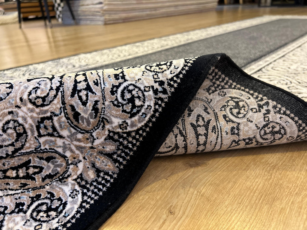 Black Silk Runner Rug with Framed Border, 3x10 ft, Classic Luxury Hallway Rug