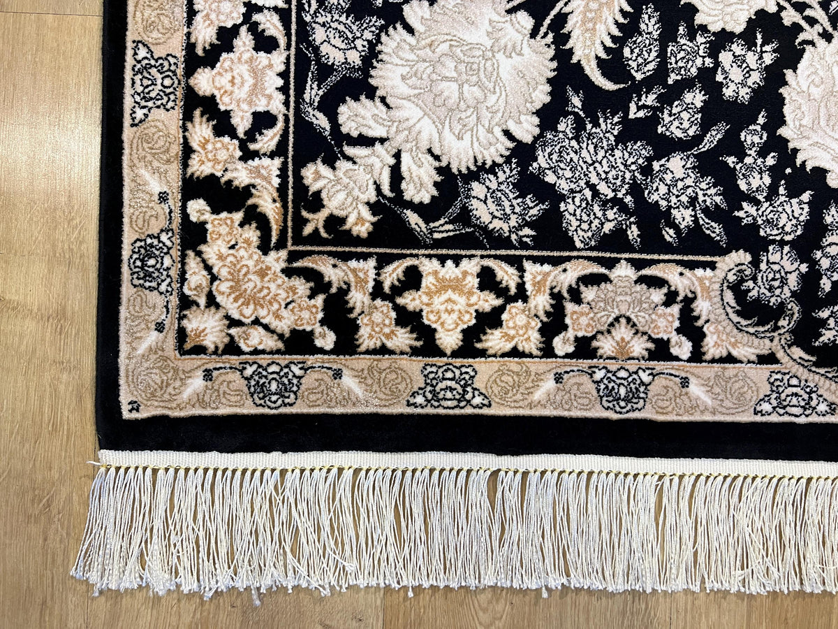 10x13 ft Black Classic Silk Rug with Gold Floral Motifs, Big Silk Carpet
