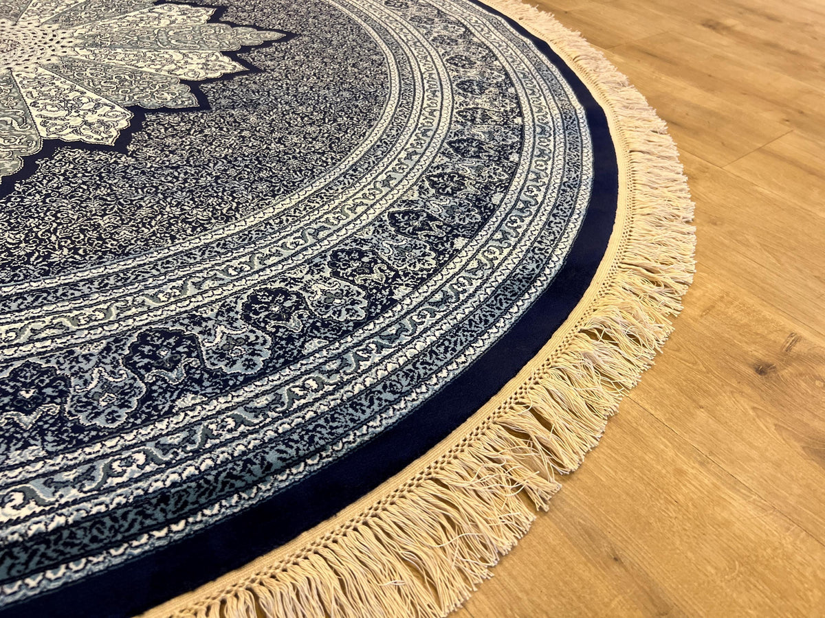5x5 Ft Round Blue Silk Rug, Medallion Design, Classic Luxury Area Rug