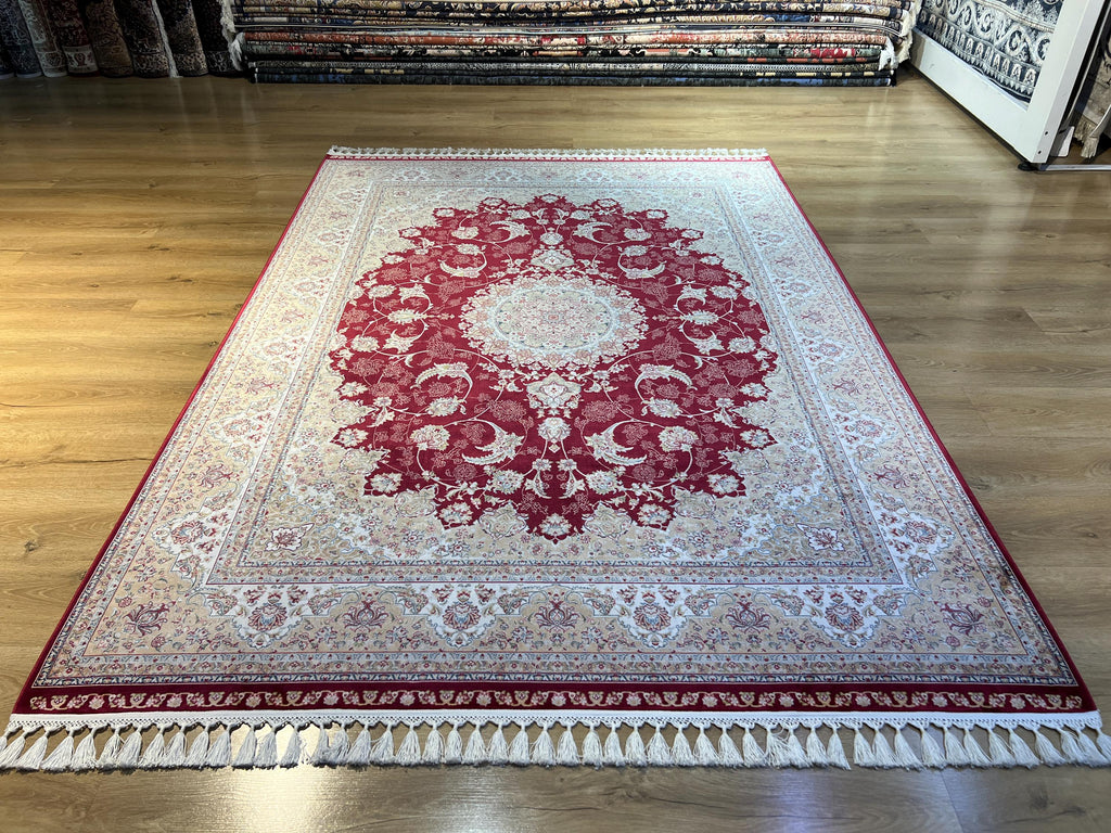 5x8 ft Classic Silk Carpet, Red Base Gold Medallion, Turkish Style