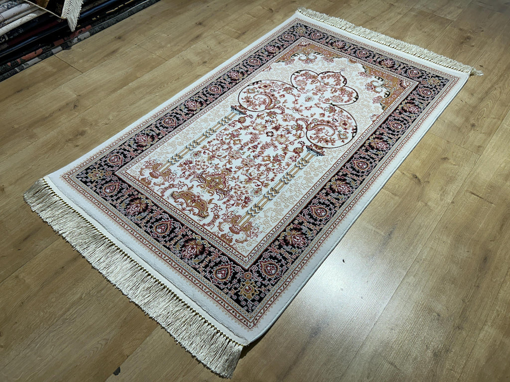 2.55x4.10 Ft Ivory Black Pink Silk Prayer Rug, Muslim Gift Prayer Mat