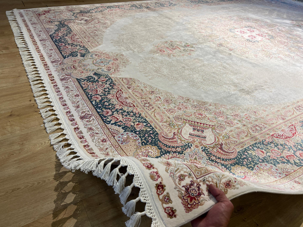 Cream Blue Silk Rug, Turkish Ottoman Style, 8x11 ft