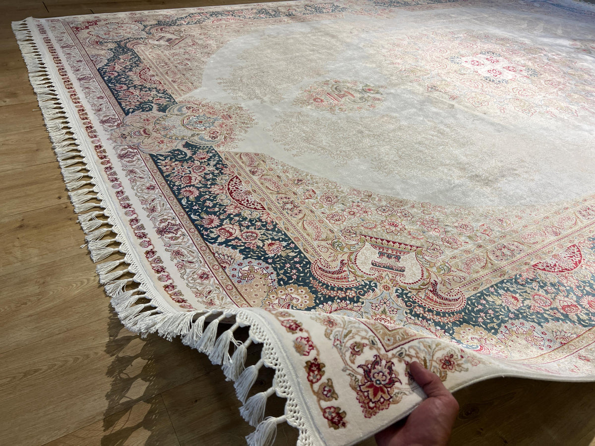 Cream Blue Silk Rug, Turkish Ottoman Style, 8x11 ft