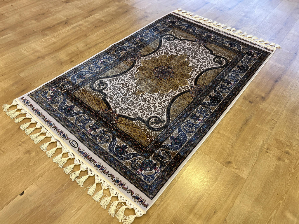 Ivory Silk Rug with Gold Medallion Pattern, Small Silk Carpet