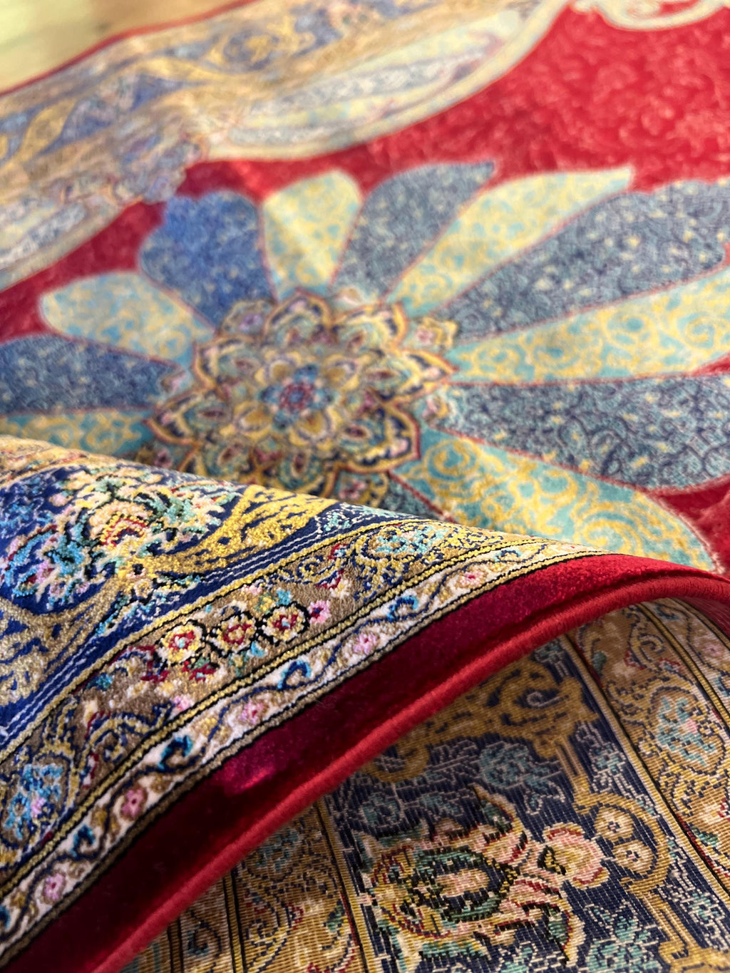 Red Silk Rug with Blue Medallion Pattern, Small Silk Carpet