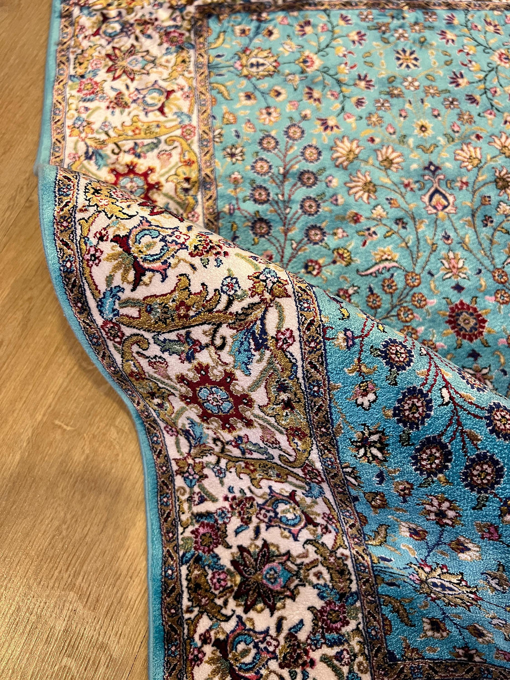 Blue Floral Silk Rug, Classic Luxury Design, Decorative Small Rug, Tapestry