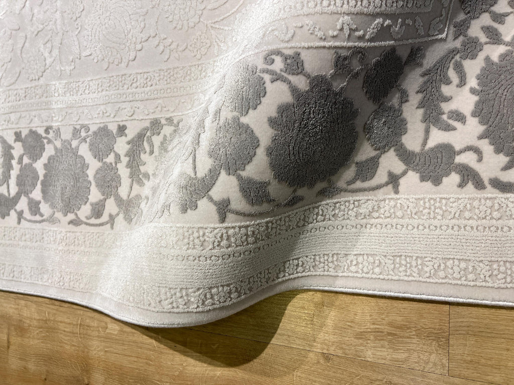 Ivory Floral Pattern Rug, Grey Border Carpet, Turkish Home Decor