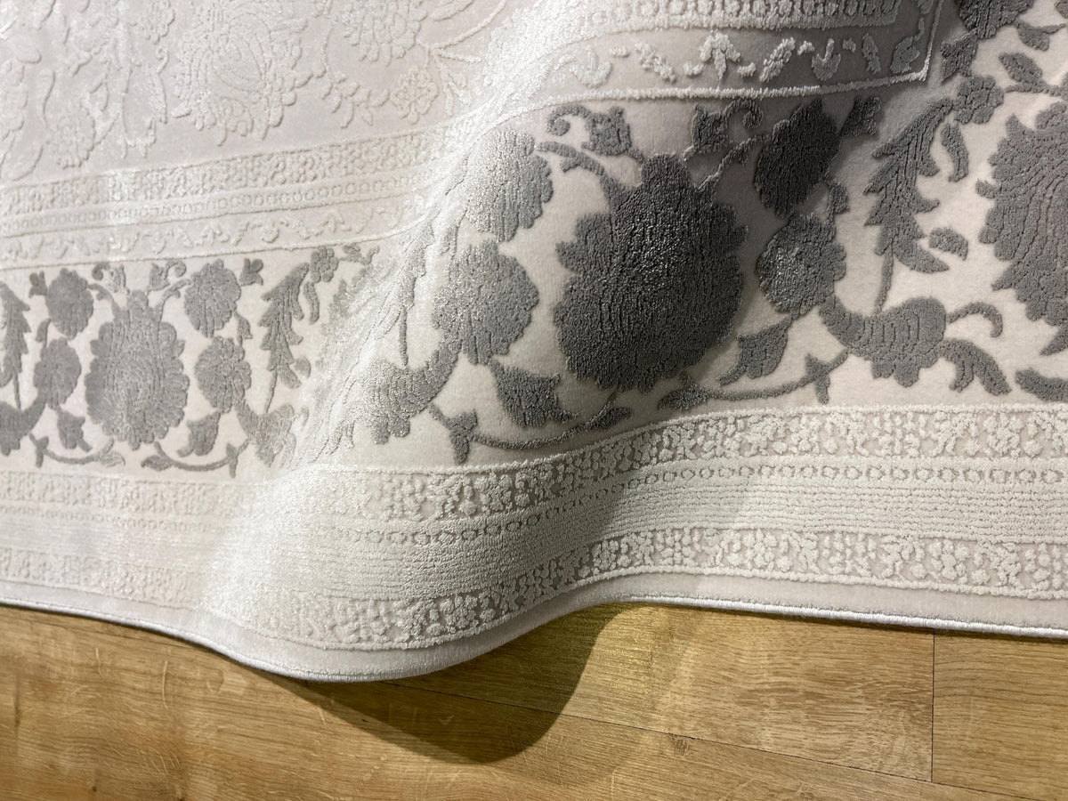 Ivory Floral Pattern Rug, Grey Border Carpet, Turkish Home Decor
