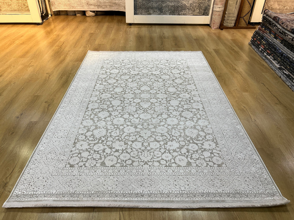 White Floral Bamboo Rug 5x8 ft, Turkish Carpet