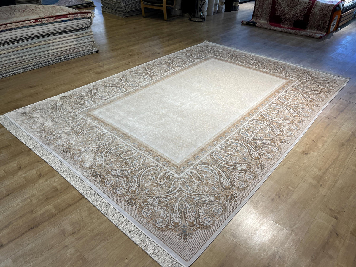 Cream Gold Silk Carpet, 8x11 ft, Luxury Silk Rug, Home Decor