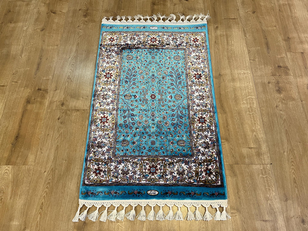 Blue Floral Silk Rug, Classic Luxury Design, Decorative Small Rug, Tapestry