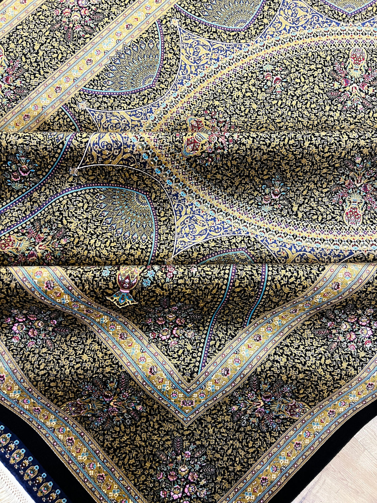 Black Gold Modal Silk Rug 7x10 ft, Turkish Style Medallion Carpet