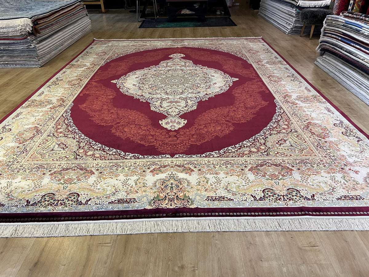 Red Gold Medallion Bamboo Silk Rug, 10x13 ft, Large Area Rug, Luxury Home Decor