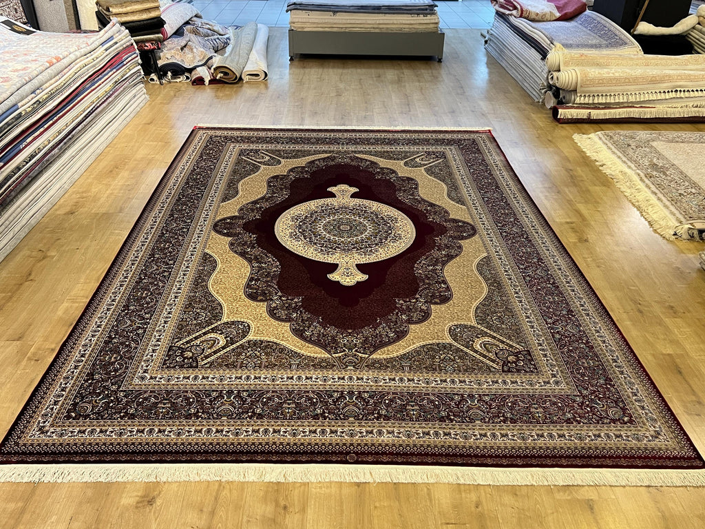 Red Modal Silk Turkish Rug, Palace Design 8x11 ft
