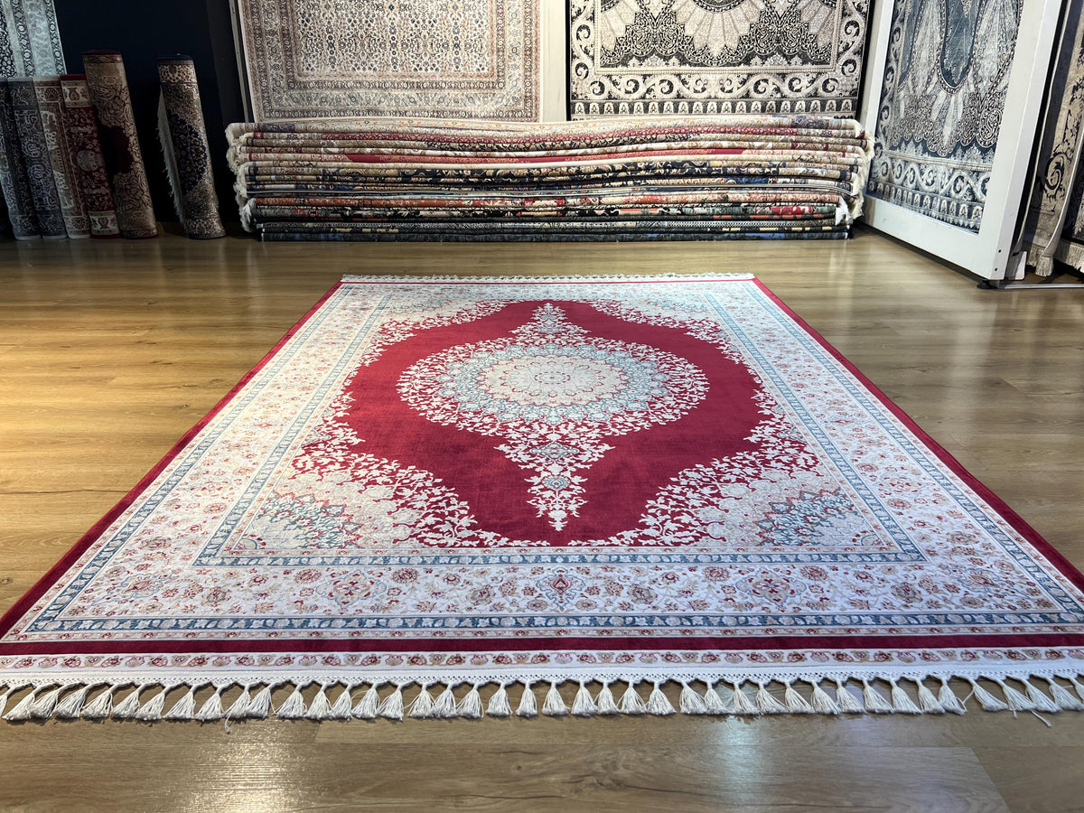 5x8 ft Red Silk Rug, Blue Gold Medallion, Classic Turkish Carpet, Luxury Rug