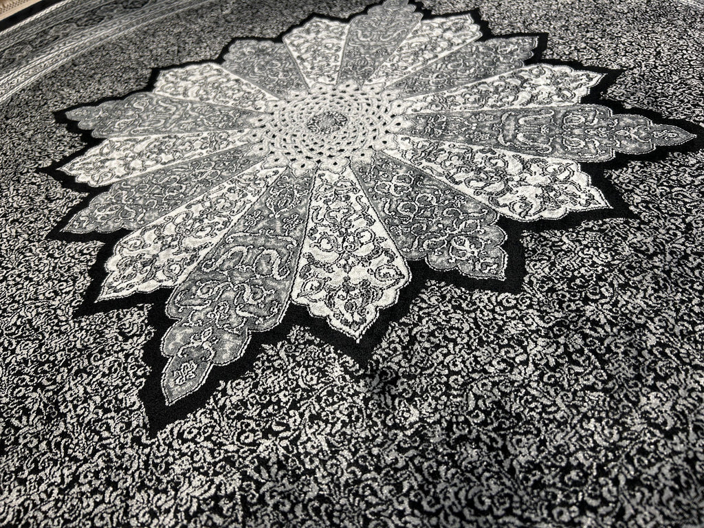 Black Gray Round Silk Rug, Medallion Design, Classic Luxury Area Rug
