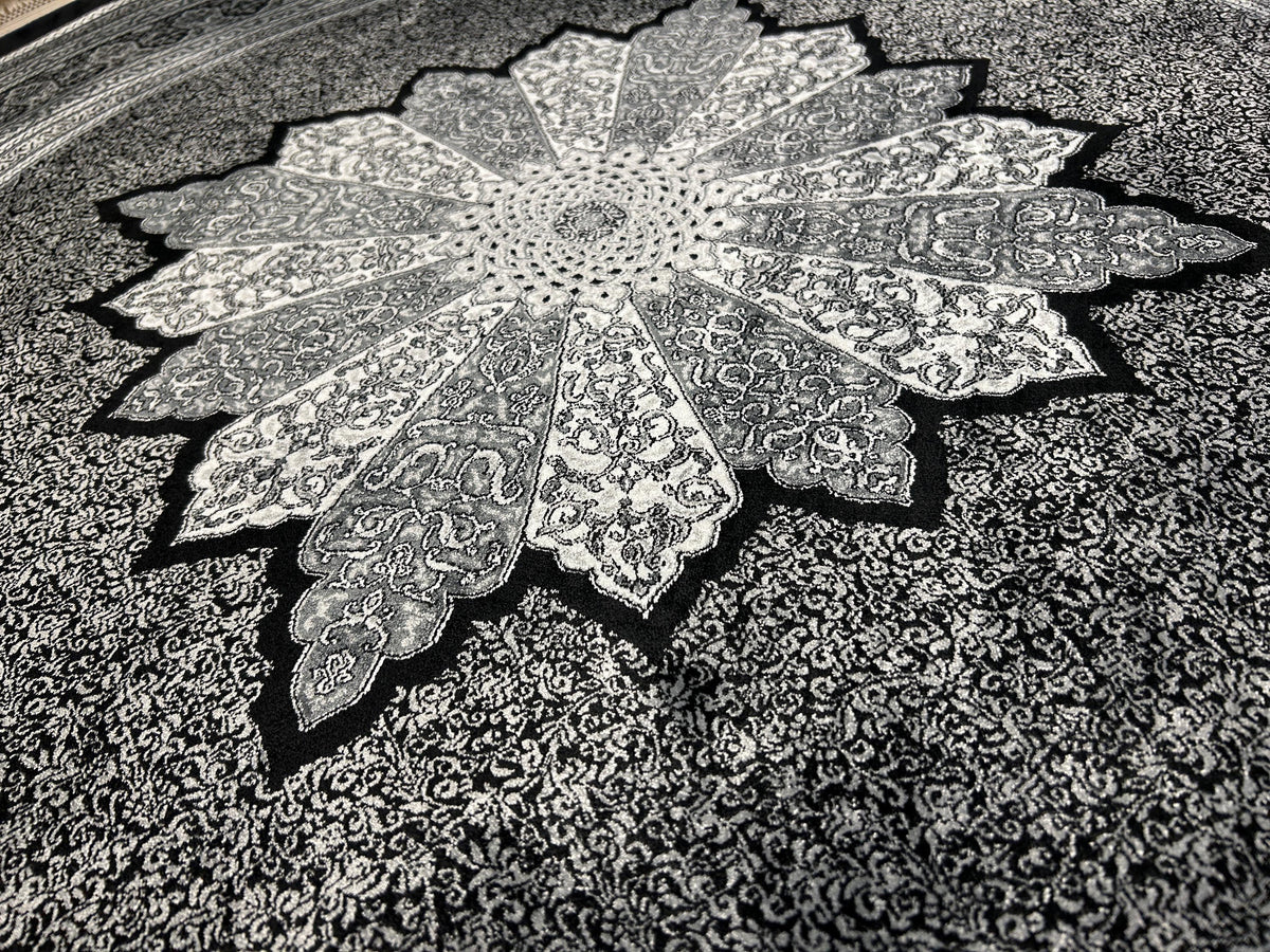 Black Gray Round Silk Rug, Medallion Design, Classic Luxury Area Rug