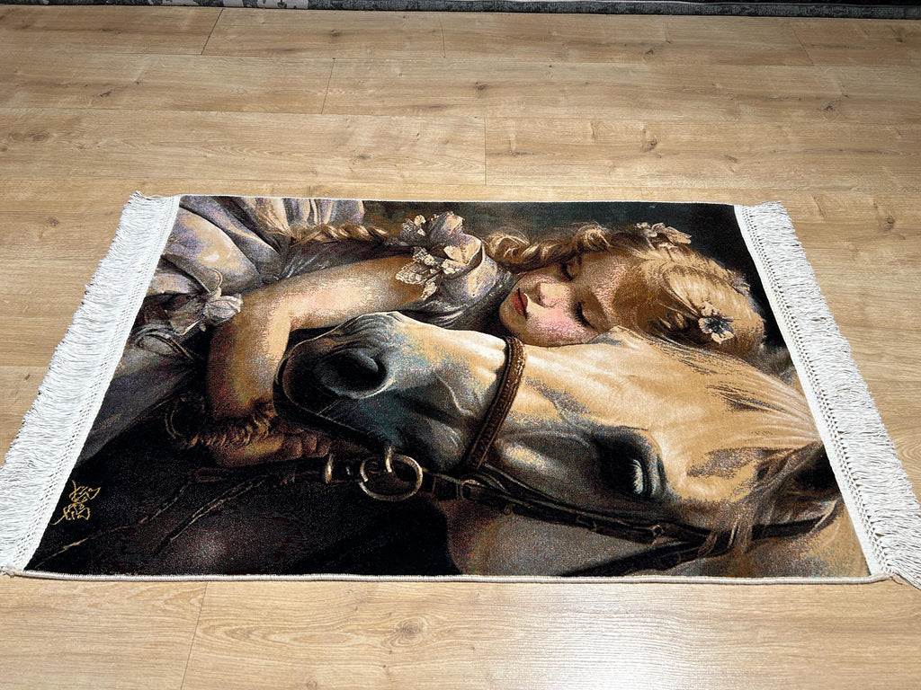 2x3 ft Horse Tapestry, Little Girl and Horse, Silk Rug, Woven Wall Art