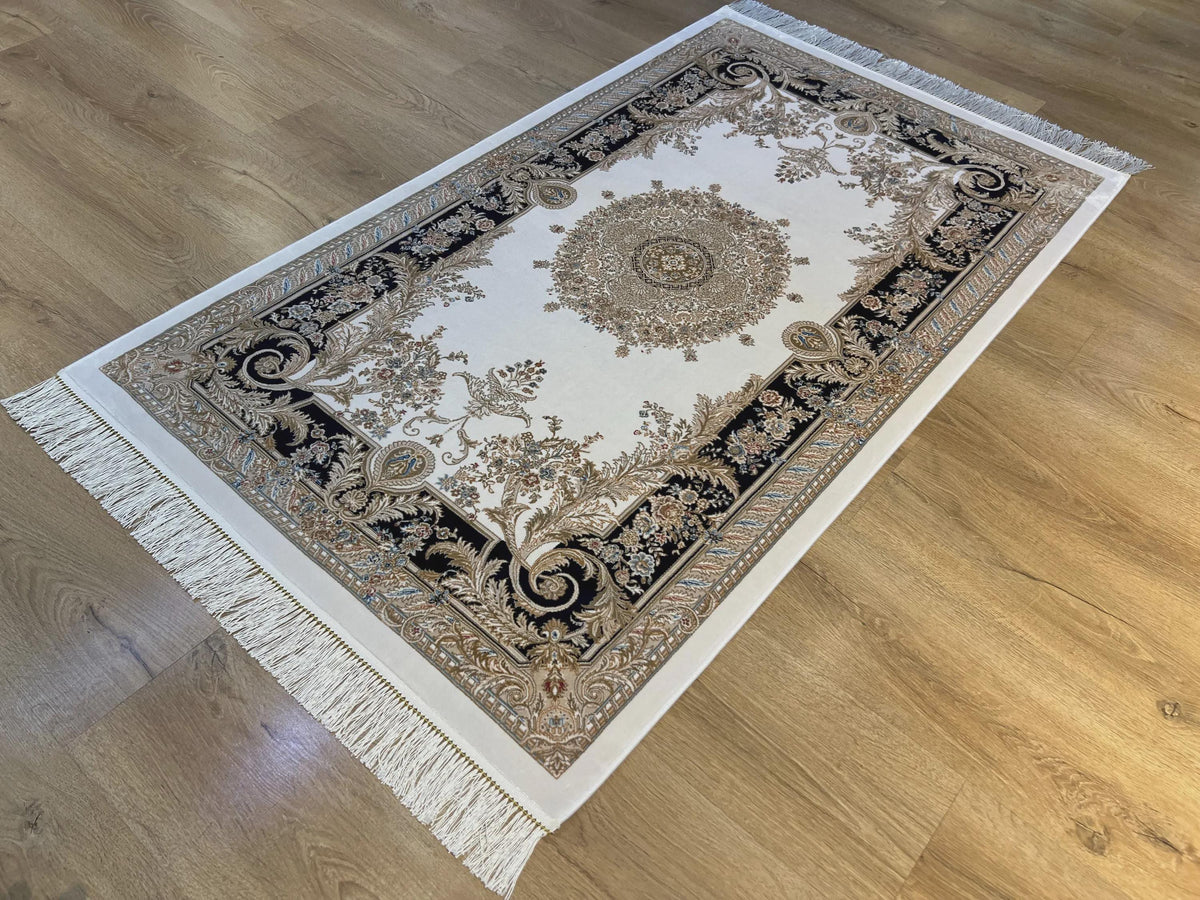 3x5 ft Ivory Silk Rug with Navy Blue Border Gold Medallion, Classic Turkish Rug