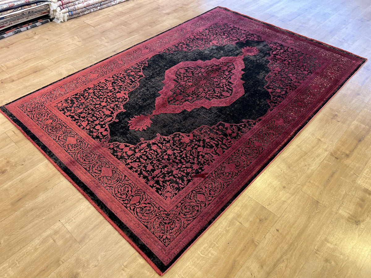 5x8 ft Black Bamboo Rug with Red Medallion and Border