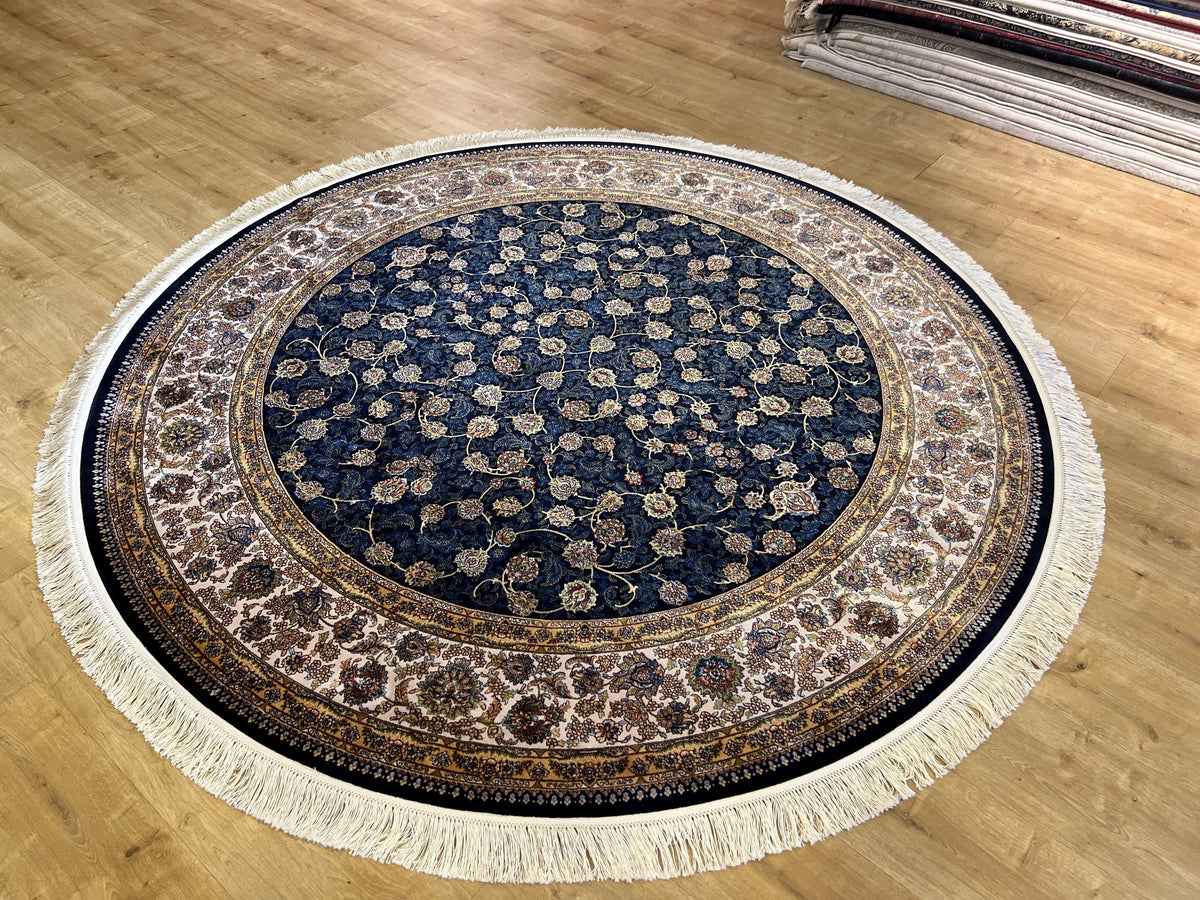 7x7 Ft Round Navy Blue Silk Rug, Floral Pattern Design, Classic Luxury Area Rug