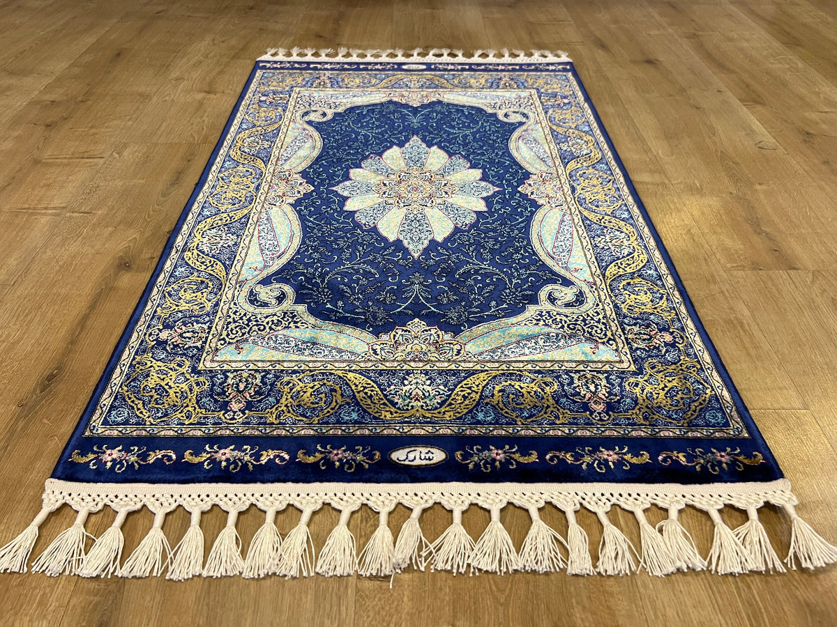 Navy Blue Silk Carpet, Medallion Design Classic Small Rug