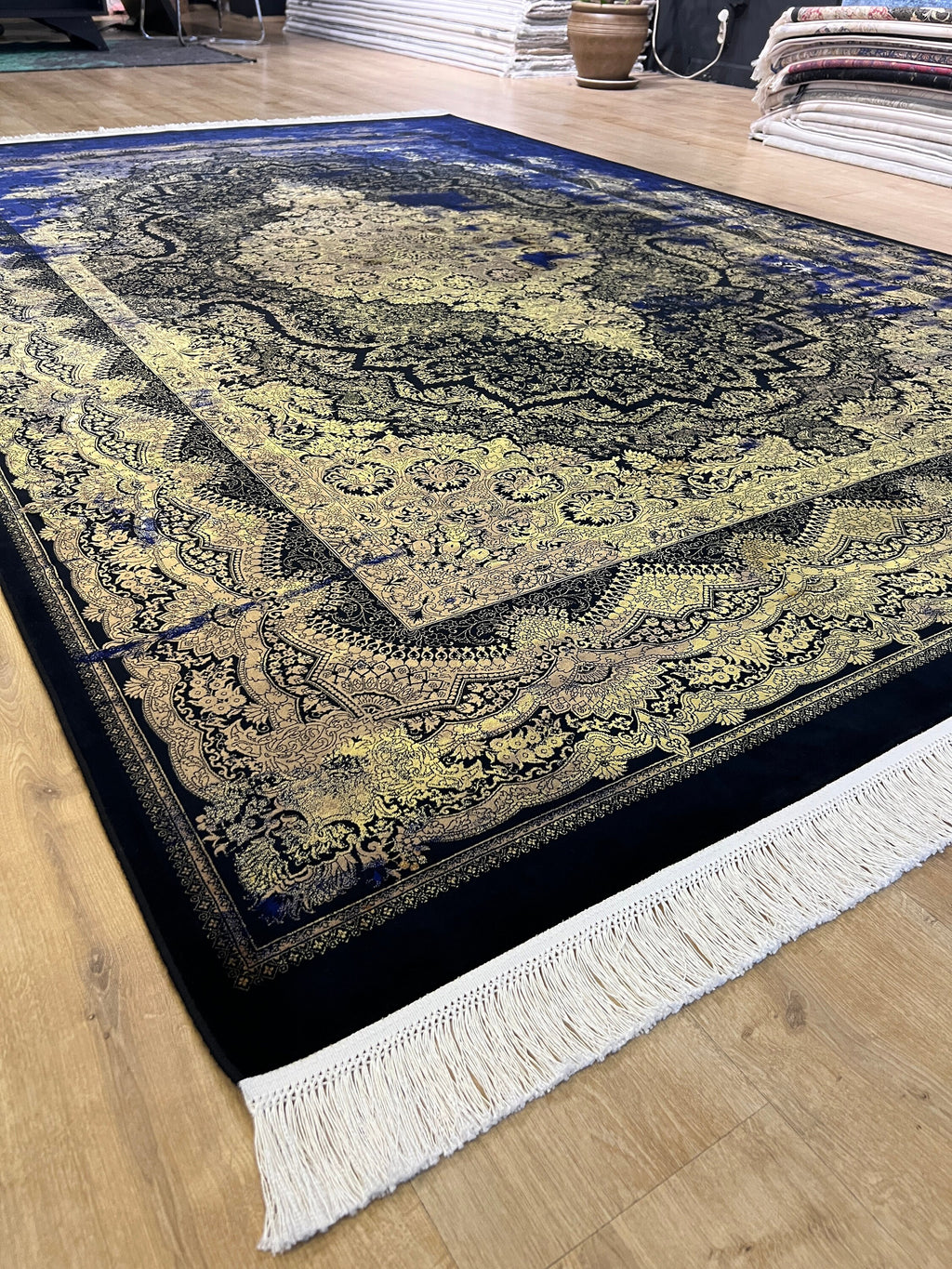 7x10 ft Navy Blue Silk Rug, Antique Distressed Pattern Gold Medallion, Classic Design