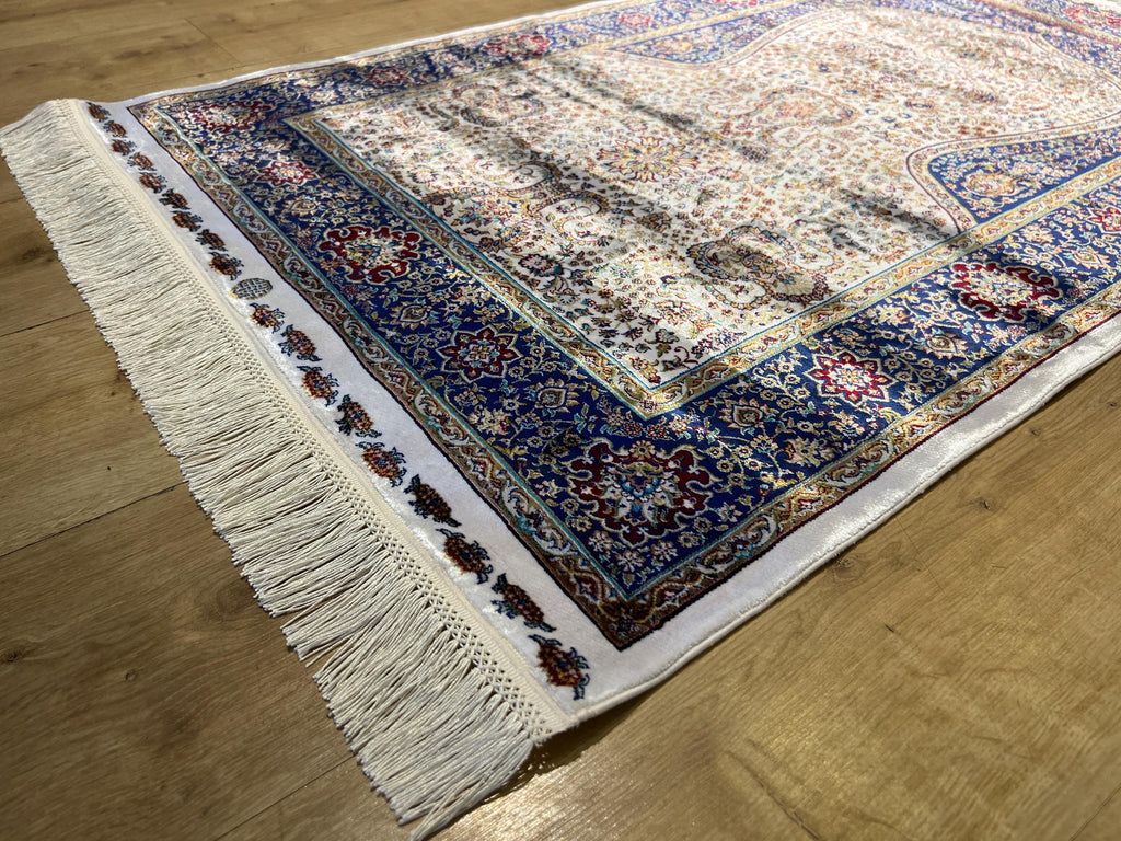 2.62x4.10 ft Ivory Silk Prayer Rug with Navy Border, Floral Design
