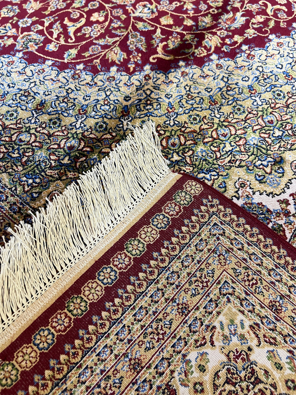 Red Beige Silk Rug, Turkish Carpet, Medallion Design 5x8 ft