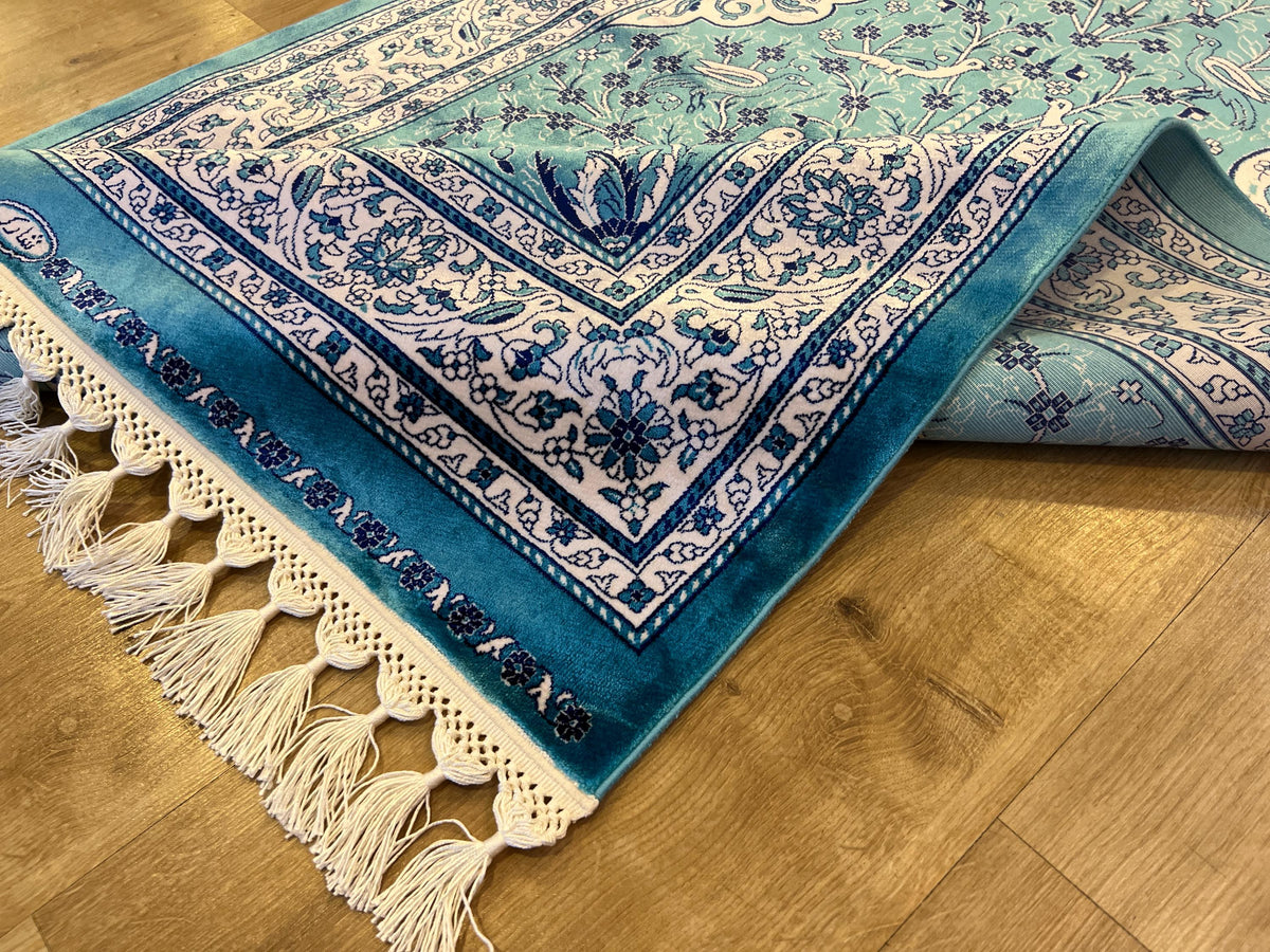Blue Silk Muslim Prayer Rug, Janamaz Mat, Prayer Gift 2.62X4.10 ft