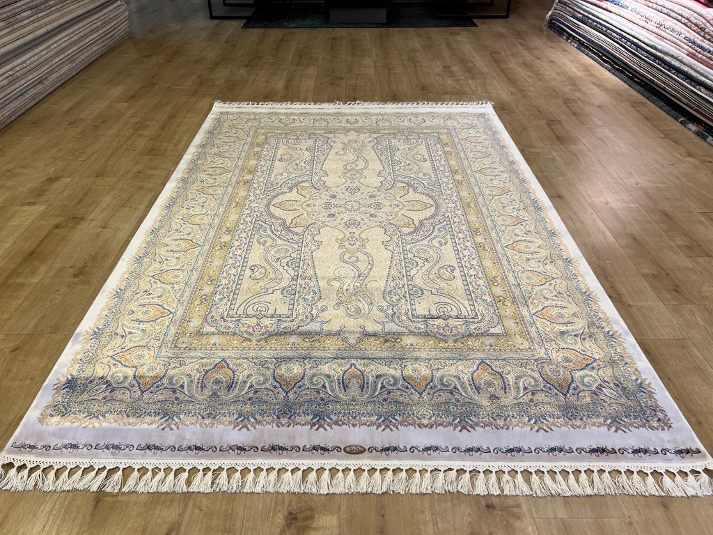 Blue Gold Silk Rug, Medallion Design Classic Silk Carpet